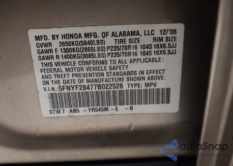 2007 Honda Pilot Ex z USA, uszkodzony, nr VIN 5FNYF28477B022528